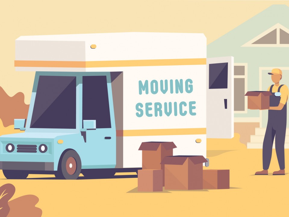 moving truck and mover vector cartoon illustration