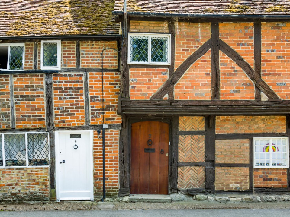 close up of an old tudor style cottage