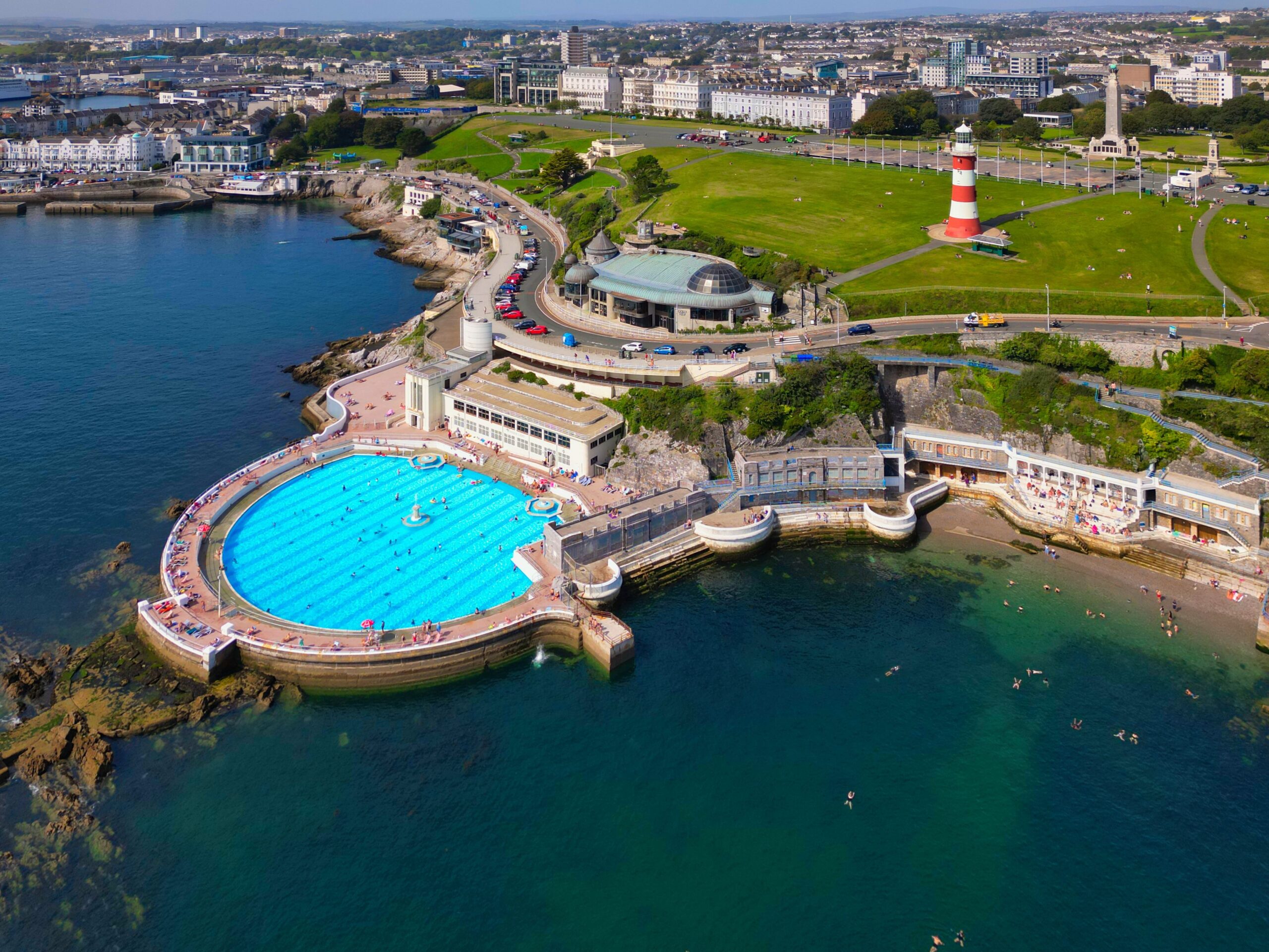 Aerial view of Tinside Lido pool in Plymouth, UK